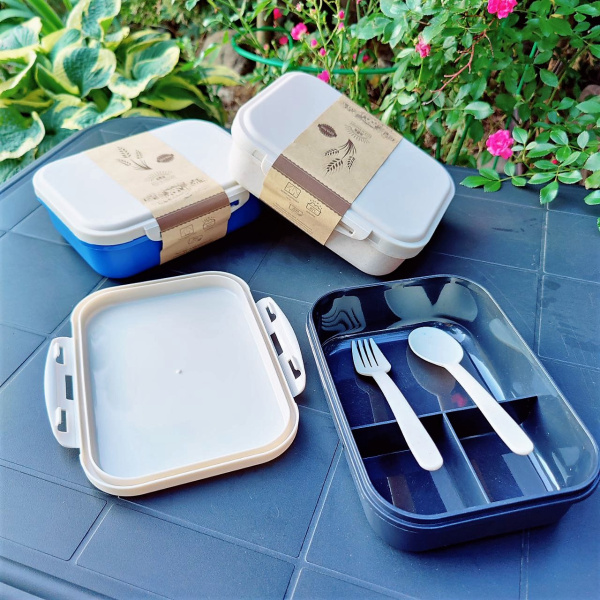 ЭКО ланч-бокс Ulf с приборами 1000 мл. / Контейнер для еды из пшеничного волокна разделенный